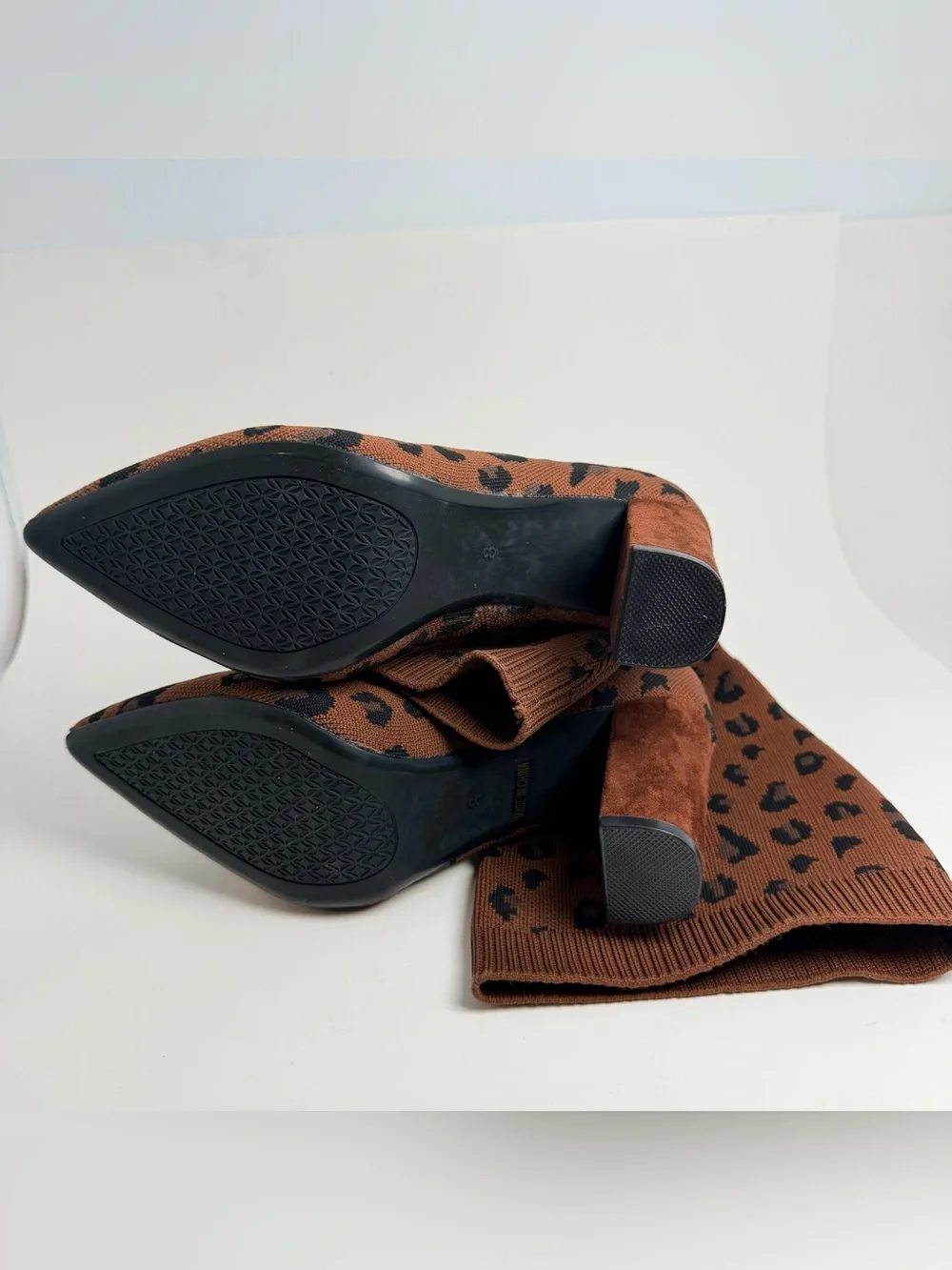 Leopard Knit Sock Ankle Boots - Brown